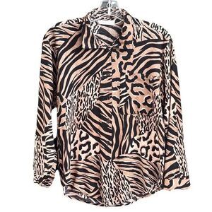 80s Vintage Linen Tan Black Tiger Cheetah Leopard Print ￼Button Up Blouse Size S